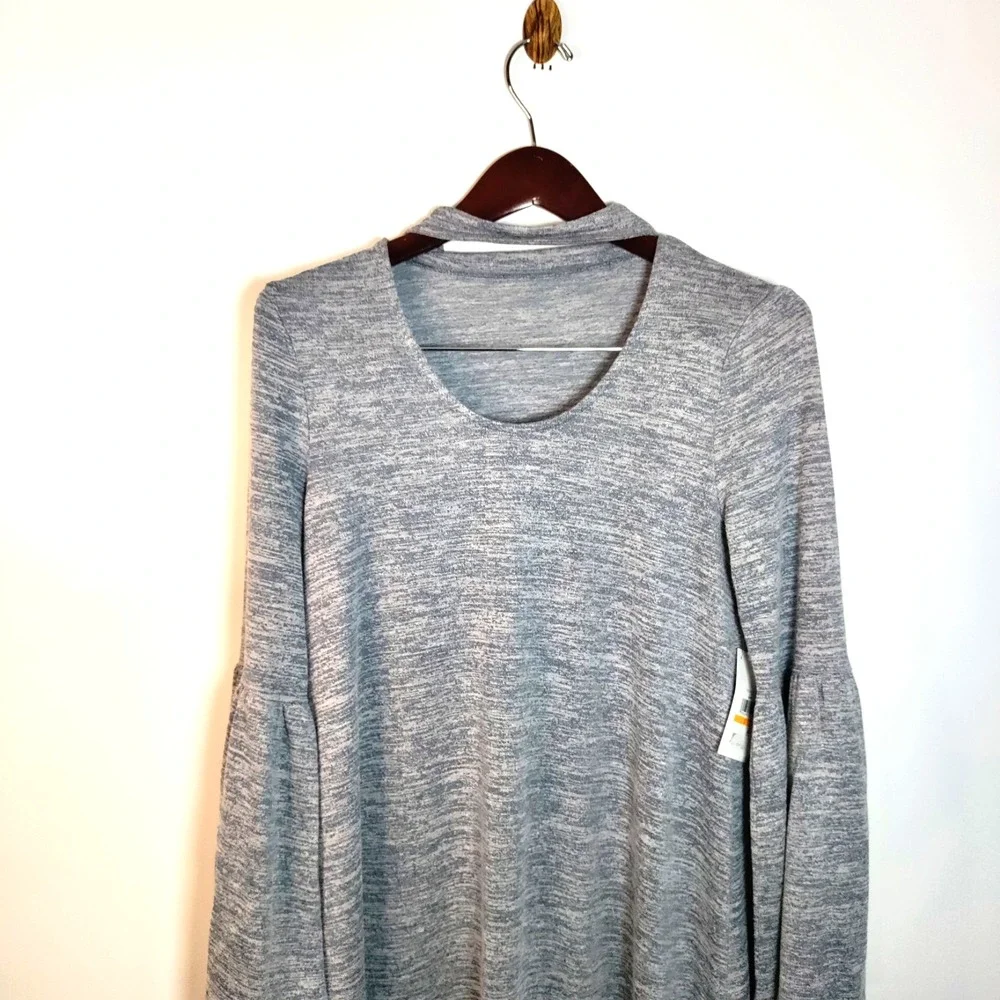 NWT Kensie Gray CHOKER Neck Band‎ Heathered Flare Sleeve Mini Sexy Boho Dress S